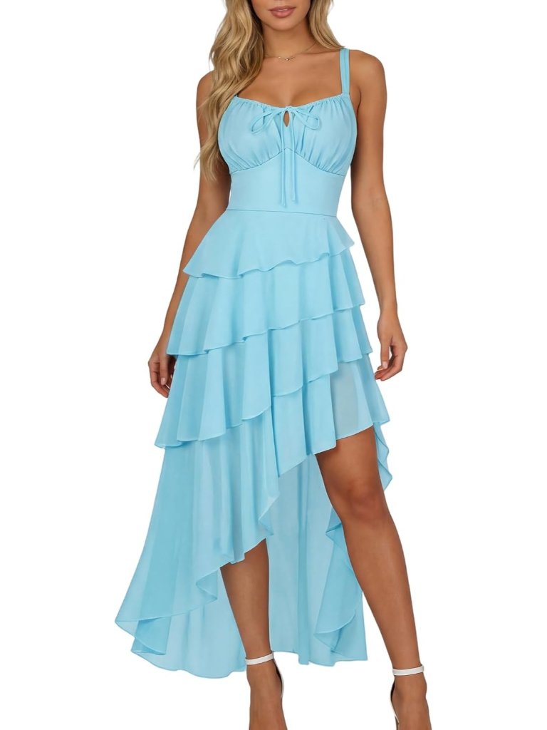 Women's Light Blue Hi Low Layer Ruffle Tie Ruched Chiffon Cocktail Maxi Dress
